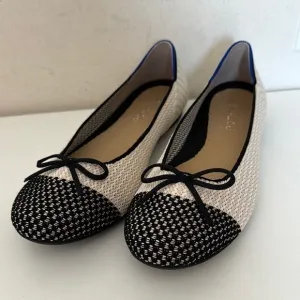 Rothy's Coco The Ballet Flat Cream and Black Woven Bow Tie Flats Size 10