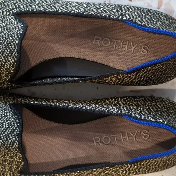 Rothy's | The Almond Loafer Black Metallic Gold Herringbone Flats | 7 | NWOT