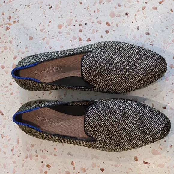 Rothy's | The Almond Loafer Black Metallic Gold Herringbone Flats | 7 | NWOT