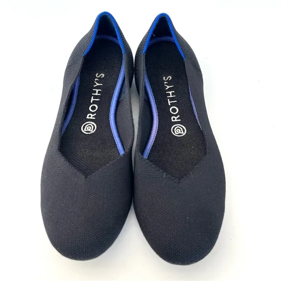 ROTHY’S The Flat Black w Blue Trim Soft Flexible Round Toe Slip On Flat Sz 8.5