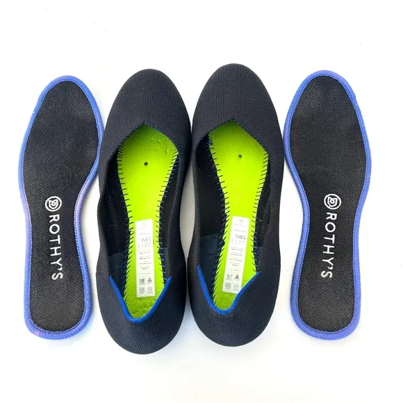 ROTHY’S The Flat Black w Blue Trim Soft Flexible Round Toe Slip On Flat Sz 8.5