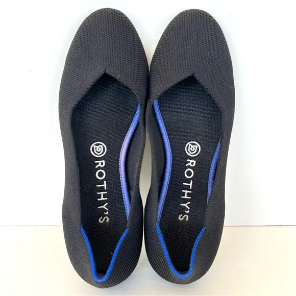 ROTHY’S The Flat Black w Blue Trim Soft Flexible Round Toe Slip On Flat Sz 8.5