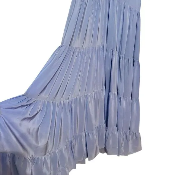 Rungolee Melodie Maxi Silk Tiered Embroidered Dress Blue Size L