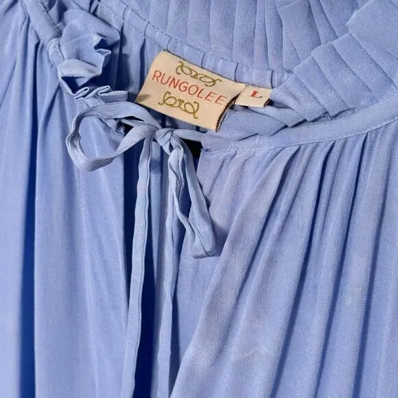 Rungolee Melodie Maxi Silk Tiered Embroidered Dress Blue Size L
