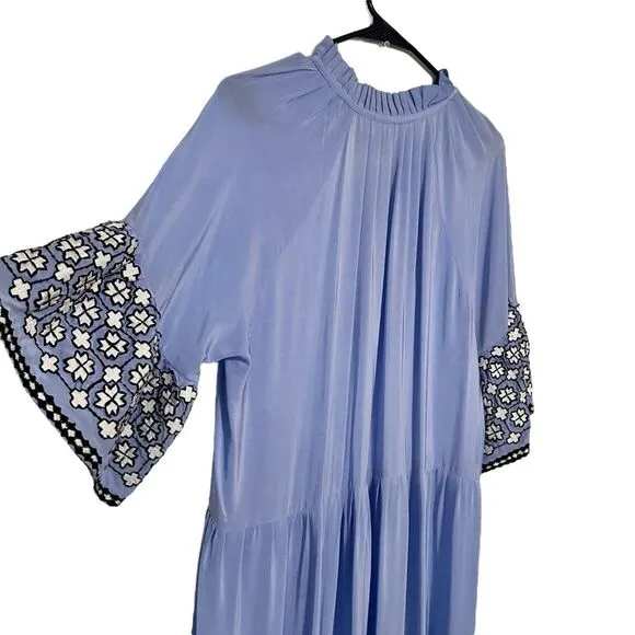 Rungolee Melodie Maxi Silk Tiered Embroidered Dress Blue Size L