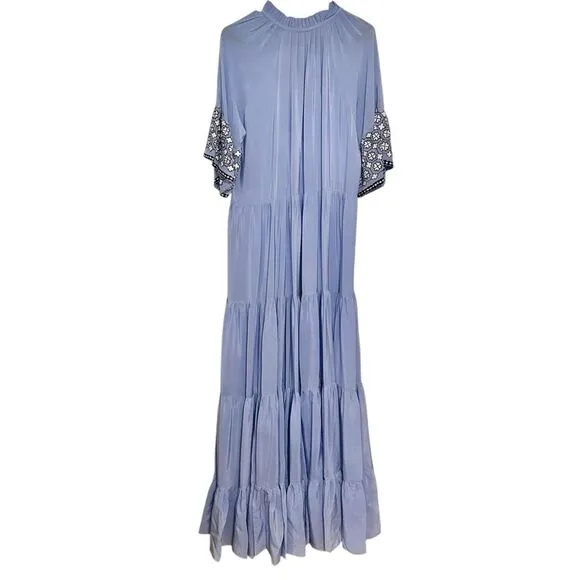 Rungolee Melodie Maxi Silk Tiered Embroidered Dress Blue Size L