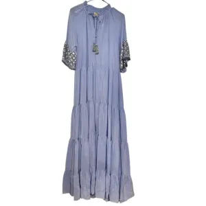 Rungolee Melodie Maxi Silk Tiered Embroidered Dress Blue Size L