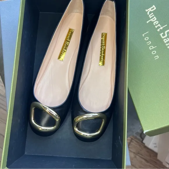 Rupert Sanderson Vedette Gold Emblem Black Leather Flats