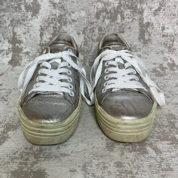 Saint Laurent Distressed Leather Platform Sneakers in Silver