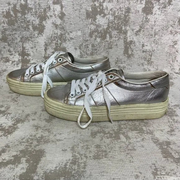 Saint Laurent Distressed Leather Platform Sneakers in Silver