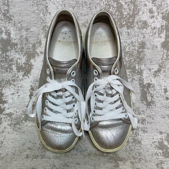 Saint Laurent Distressed Leather Platform Sneakers in Silver