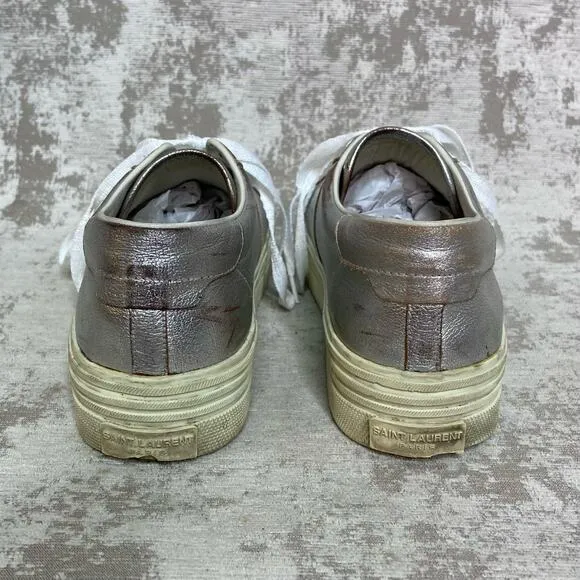 Saint Laurent Distressed Leather Platform Sneakers in Silver