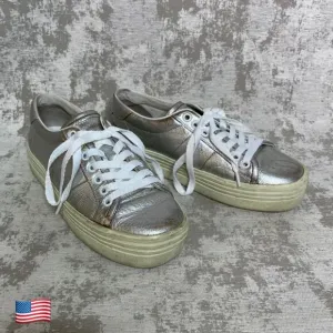 Saint Laurent Distressed Leather Platform Sneakers in Silver
