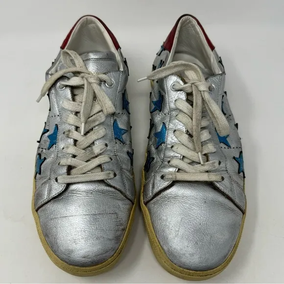 SAINT LAURENT Metallic Stars Leather Low-Top Sneakers size 44