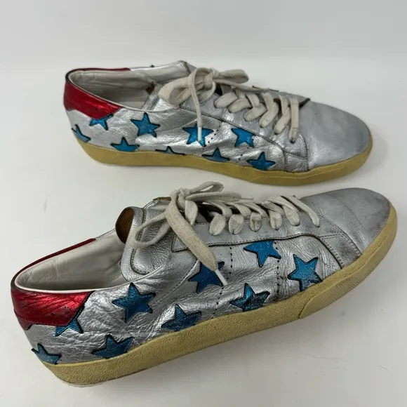 SAINT LAURENT Metallic Stars Leather Low-Top Sneakers size 44