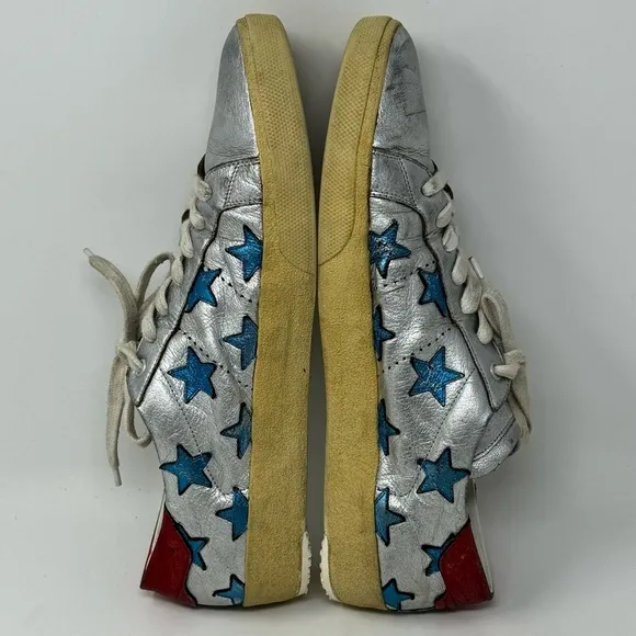 SAINT LAURENT Metallic Stars Leather Low-Top Sneakers size 44
