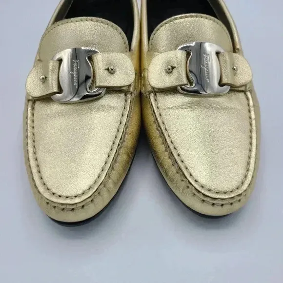 Salvatore Ferragamo Gold Metallic Leather Driving Loafers Flats Italy 5.5