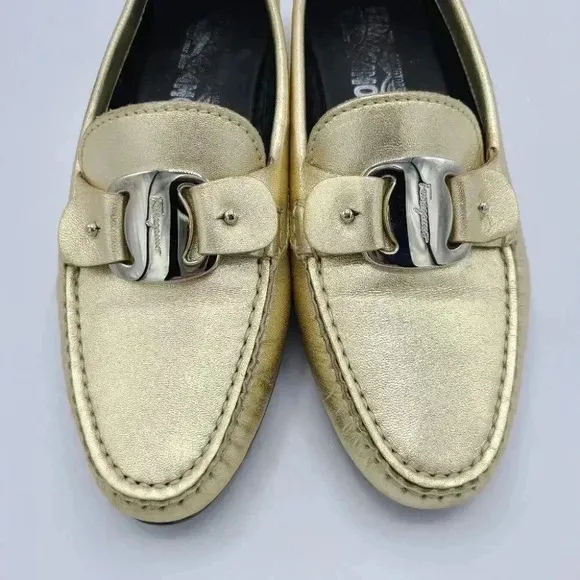 Salvatore Ferragamo Gold Metallic Leather Driving Loafers Flats Italy 5.5