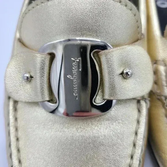 Salvatore Ferragamo Gold Metallic Leather Driving Loafers Flats Italy 5.5