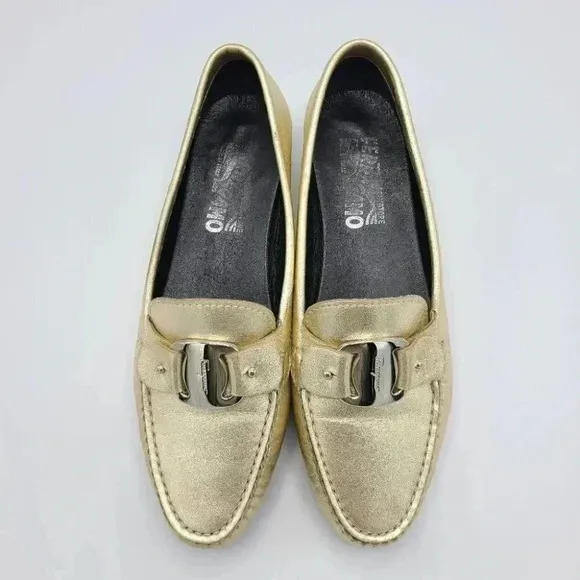 Salvatore Ferragamo Gold Metallic Leather Driving Loafers Flats Italy 5.5
