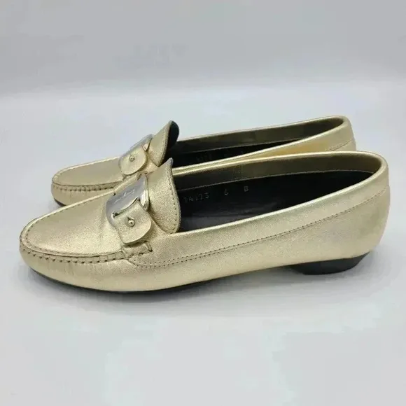 Salvatore Ferragamo Gold Metallic Leather Driving Loafers Flats Italy 5.5