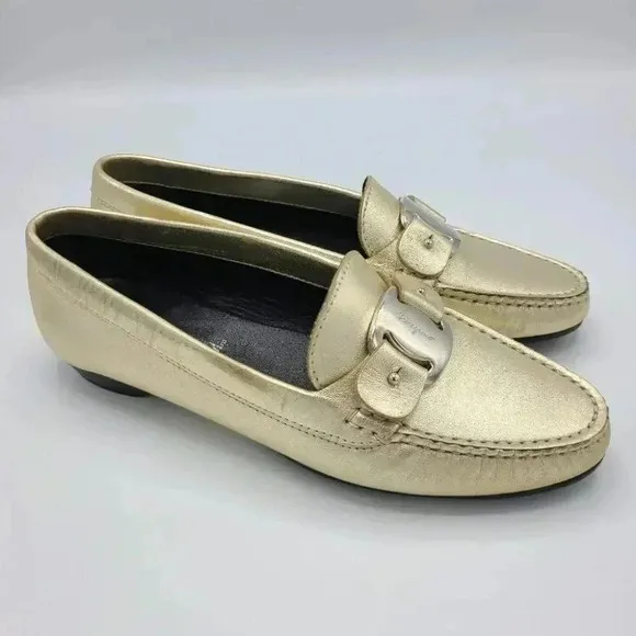 Salvatore Ferragamo Gold Metallic Leather Driving Loafers Flats Italy 5.5