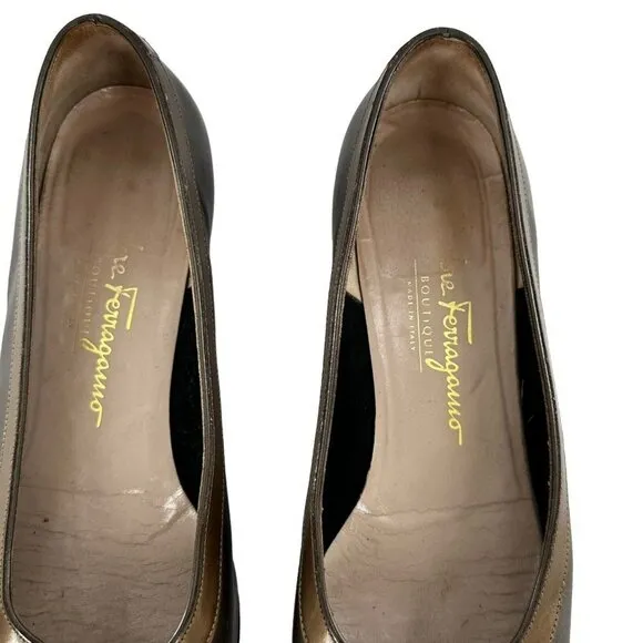 Salvatore Ferragamo Taupe &amp; Brown Leather Bow Low Heel Pumps Size 7 B Flats