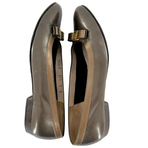 Salvatore Ferragamo Taupe &amp; Brown Leather Bow Low Heel Pumps Size 7 B Flats