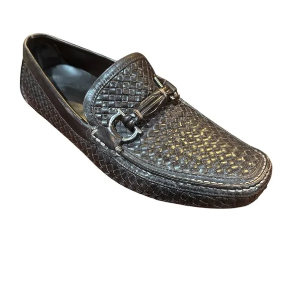 Salvatore Ferraragamo Mens Brown Woven Leather Loafers