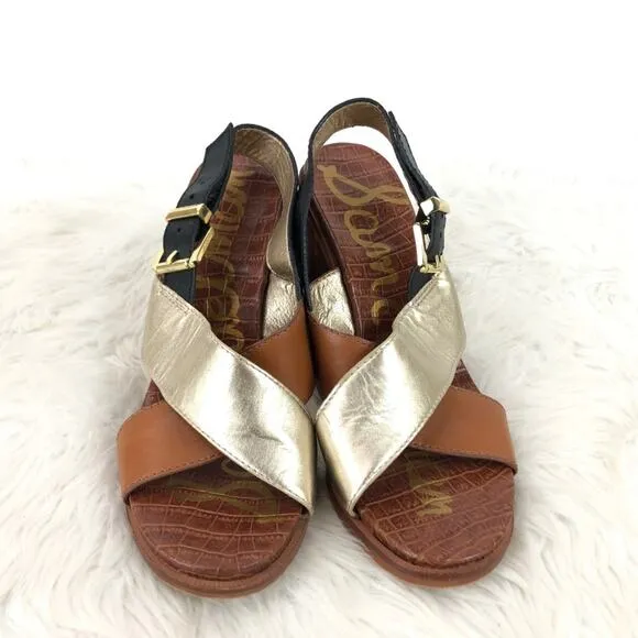 Sam Edelman 8.5 M Womens Gold Metallic Leather Strap Ivy Block Heel Sandals