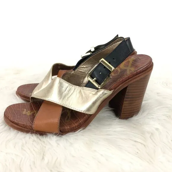 Sam Edelman 8.5 M Womens Gold Metallic Leather Strap Ivy Block Heel Sandals