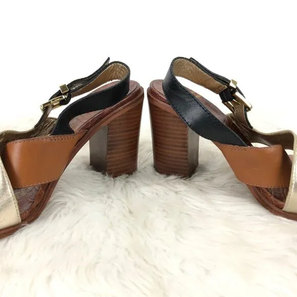 Sam Edelman 8.5 M Womens Gold Metallic Leather Strap Ivy Block Heel Sandals