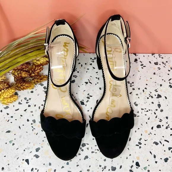Sam Edelman Odila Black Suede Scalloped Ankle Strap Block Heeled Sandals Sz 14
