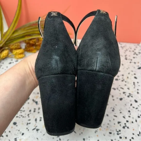 Sam Edelman Odila Black Suede Scalloped Ankle Strap Block Heeled Sandals Sz 14