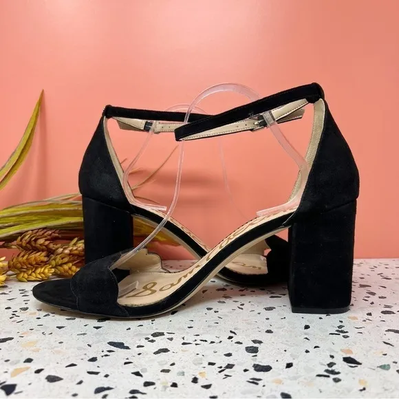 Sam Edelman Odila Black Suede Scalloped Ankle Strap Block Heeled Sandals Sz 14