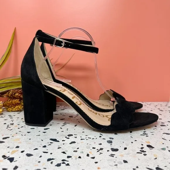 Sam Edelman Odila Black Suede Scalloped Ankle Strap Block Heeled Sandals Sz 14