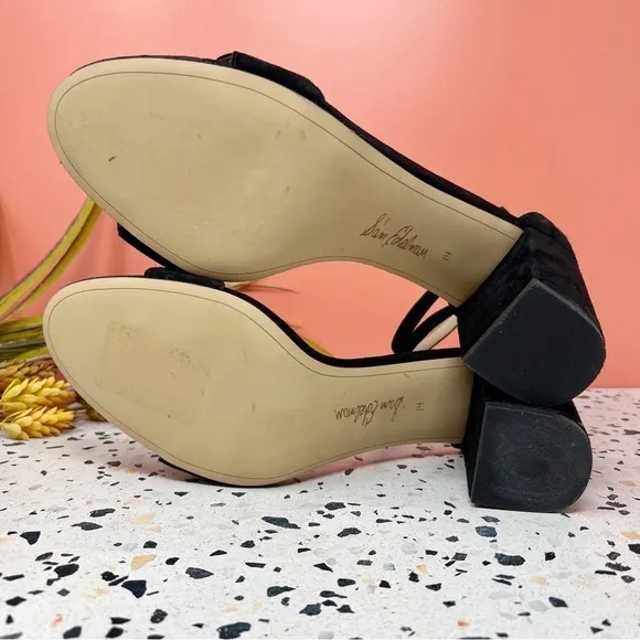 Sam Edelman Odila Black Suede Scalloped Ankle Strap Block Heeled Sandals Sz 14