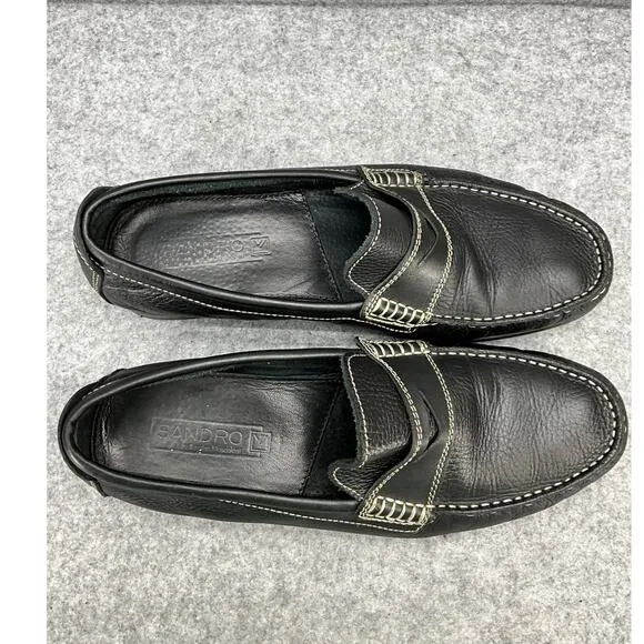Sandro Moscoloni Black Leather White Stitching Slip On Penny Loafer Men 10.5