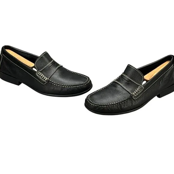 Sandro Moscoloni Black Leather White Stitching Slip On Penny Loafer Men 10.5