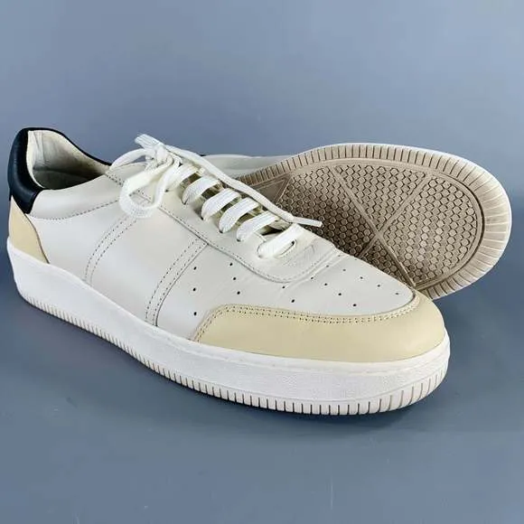 SANDRO White Black Beige Color Block Leather Low Top Sneakers