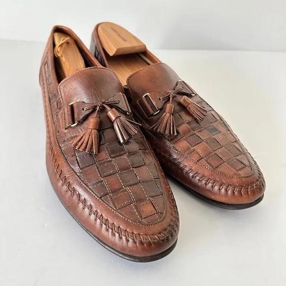 Santoni Italian brown leather tassel woven loafers men’s loafers vintage‎ US 11
