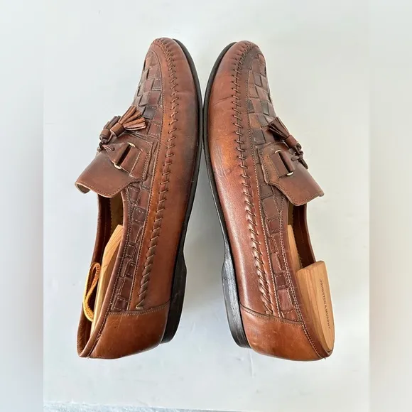 Santoni Italian brown leather tassel woven loafers men’s loafers vintage‎ US 11