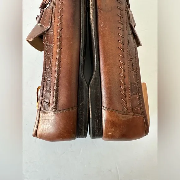 Santoni Italian brown leather tassel woven loafers men’s loafers vintage‎ US 11