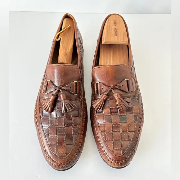 Santoni Italian brown leather tassel woven loafers men’s loafers vintage‎ US 11