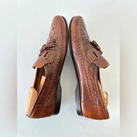Santoni Italian brown leather tassel woven loafers men’s loafers vintage‎ US 11