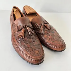 Santoni Italian brown leather tassel woven loafers men’s loafers vintage‎ US 11