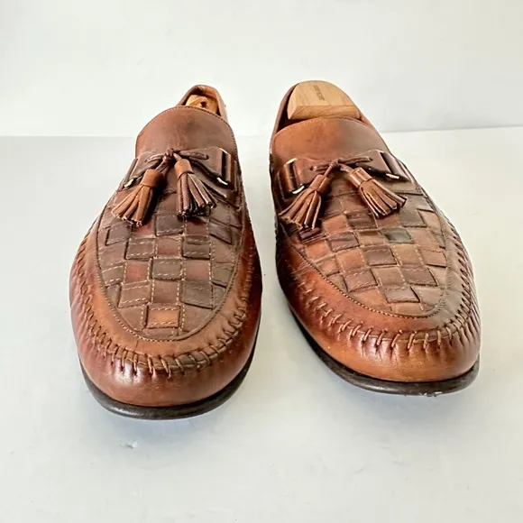 Santoni Italian brown leather tassel woven loafers men’s loafers vintage‎ US 11