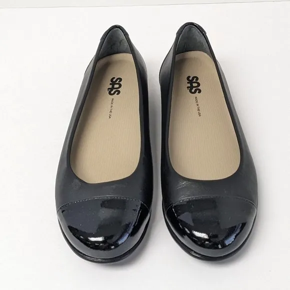 SAS Scenic Cap Toe Ballet Flats, Black Leather, Women's 7 Wide