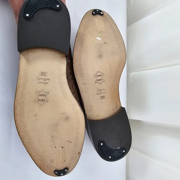 Scala Brown Leather Woven Loafers with Buckle Size 36