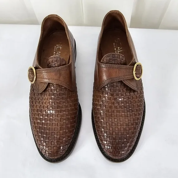 Scala Brown Leather Woven Loafers with Buckle Size 36